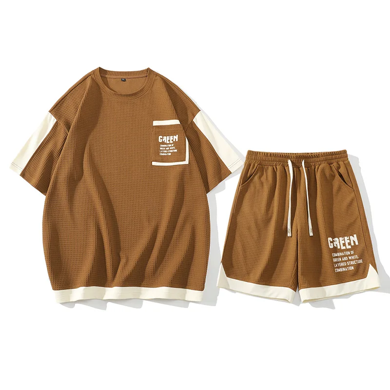 Zomer Heren Set Koreaanse Harajuku High Street T-shirt Shorts 2-delige set Splicing Wafel Tee Sportbroek Mode Herenkleding