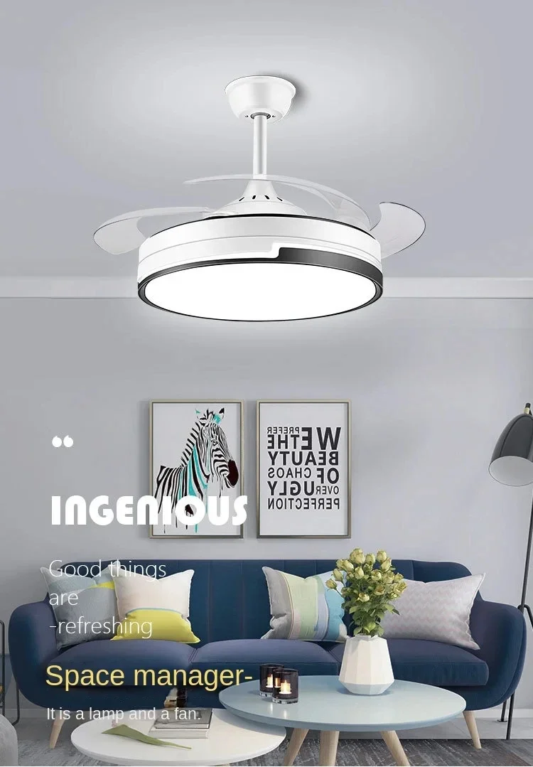 All copper Led Ceiling Fan With Energy-saving Lighting, Modern Style Living Room Invisible Ceiling Fan, Household 6-speed Variab