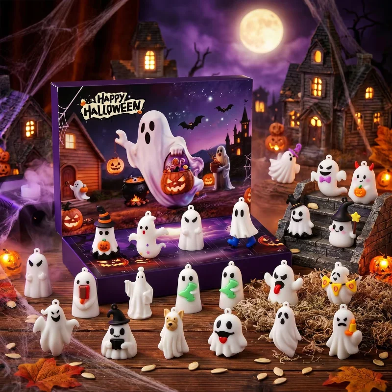 Halloween Advent Calendar 2026 24pcs Ghost Figurine Charms Halloween Countdown Calendar Set Home Party Decor Surprise Gift