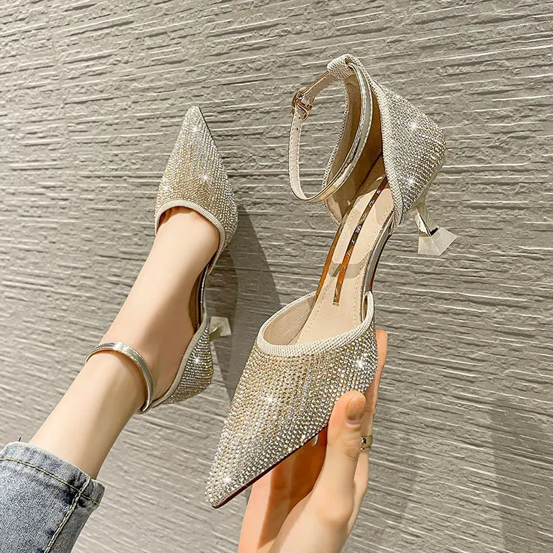 Women Pumps Office Career Summer Sequined Cloth 6CM Thin High Heels Pointed Toe Buckle Strap Shallow Solid Woman Shoes silvery