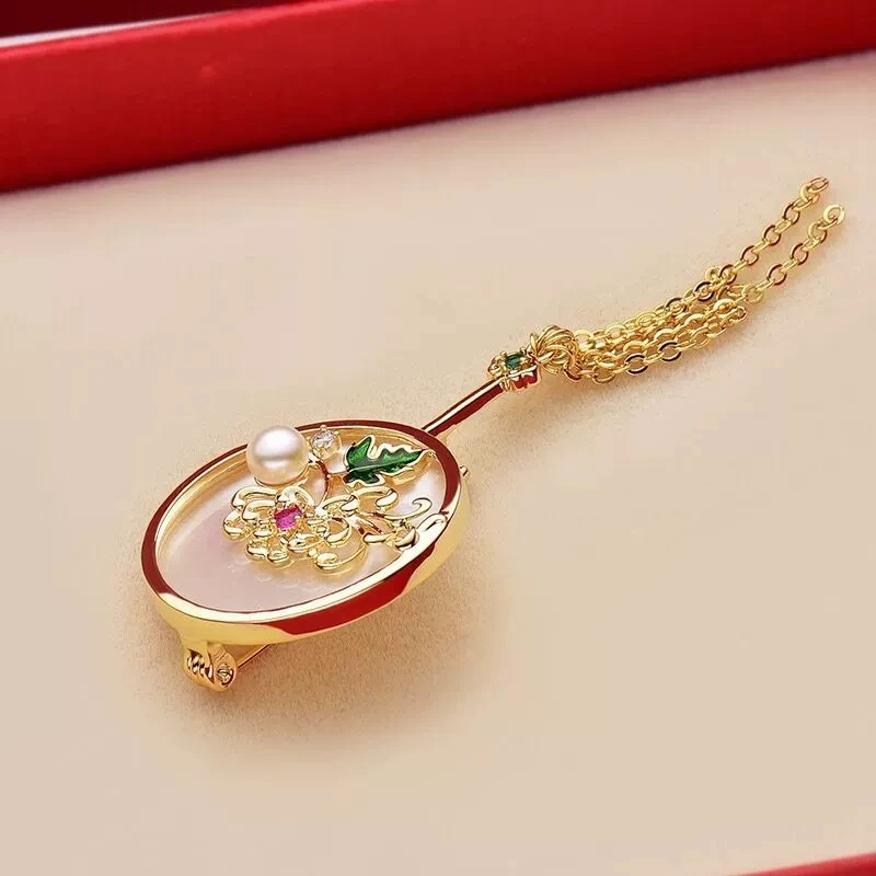 Classical Chinese style, mother of pearl, chrysanthemum fan, tassel brooch, high-end women's design, pin accessories