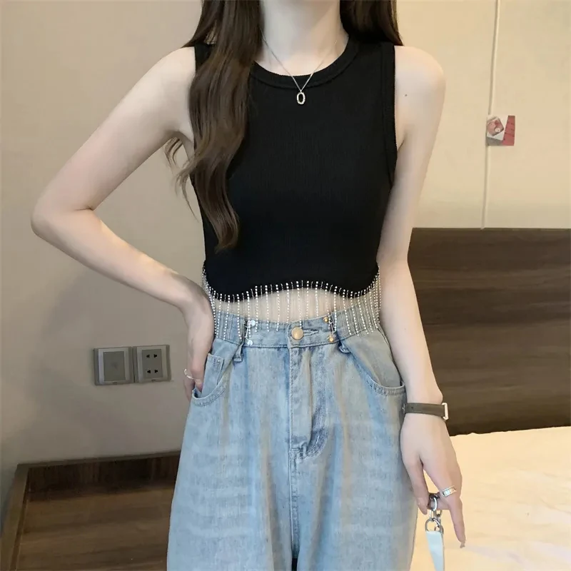 GIDYQ Summer Ice Silk Irregular Tassel Tees Women Fashion Solid Chic Rhinestone Sleeveless Vest Y2k Casual Slim Camisole Top New