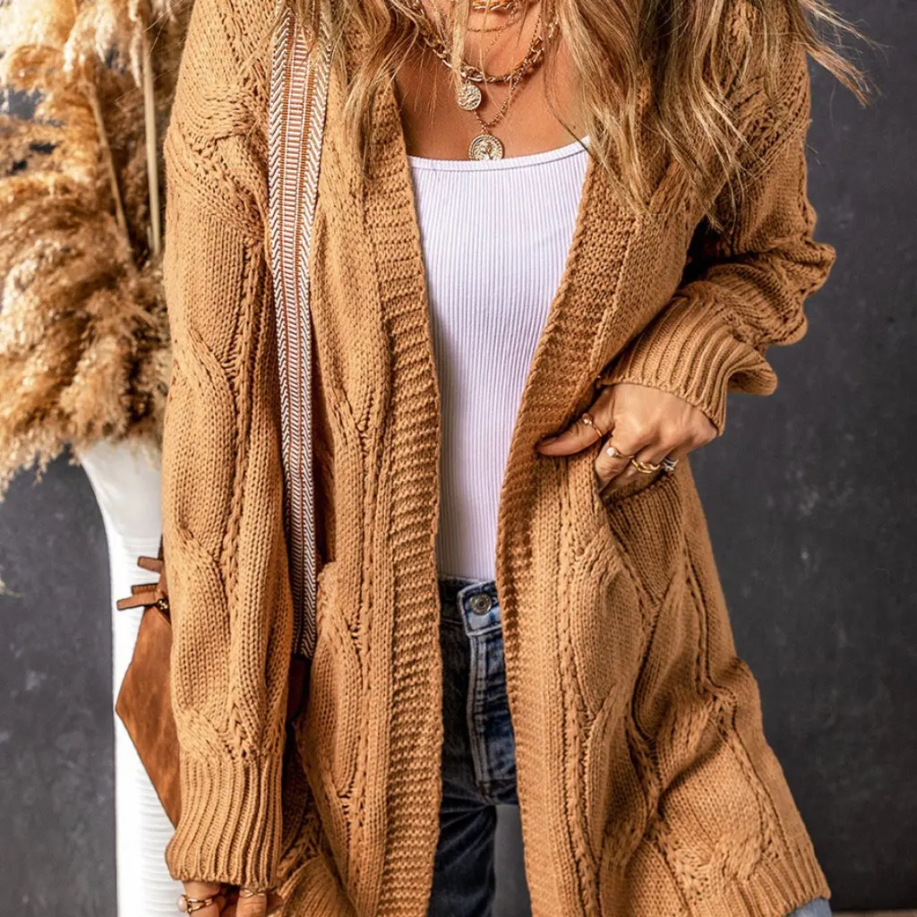 

Women's Long Thread Cardigan European And American Style Loose Casual Solid Color Trim Knitwear for Autumn