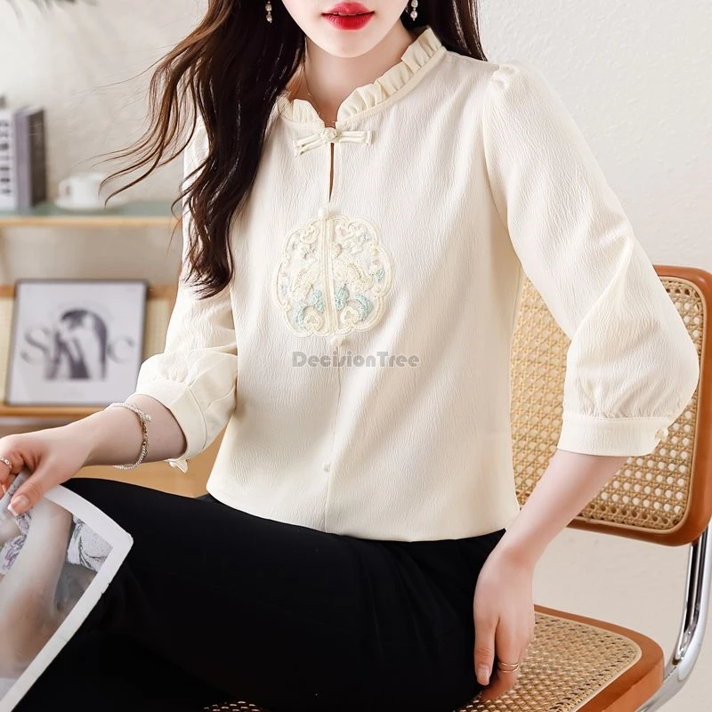 

2024 fashionable fungus selvedge collar blouse vintage temperament chinese embroidery tang suit top new elegant casual daily top