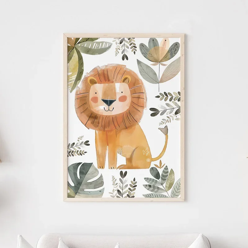 Frameless canvas paintings,Baby Name Customized Poster Jungle Animals Lion Zebra Giraffe Canvas Painting Kis Bedroom Wall Art Pr