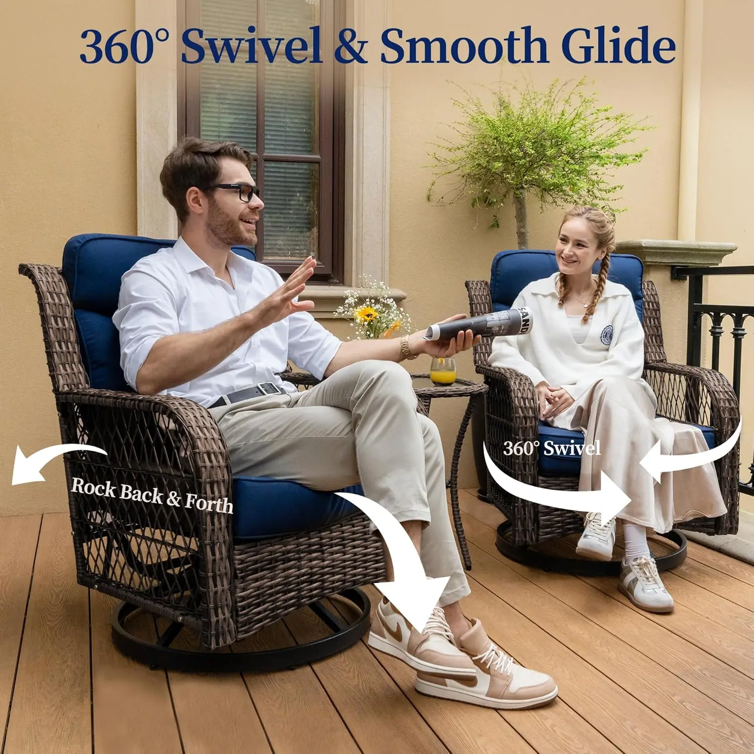 3-Piece Wicker Rocking Chair Set with Side Table, Outdoor Patio Furniture for Porch or Backyard