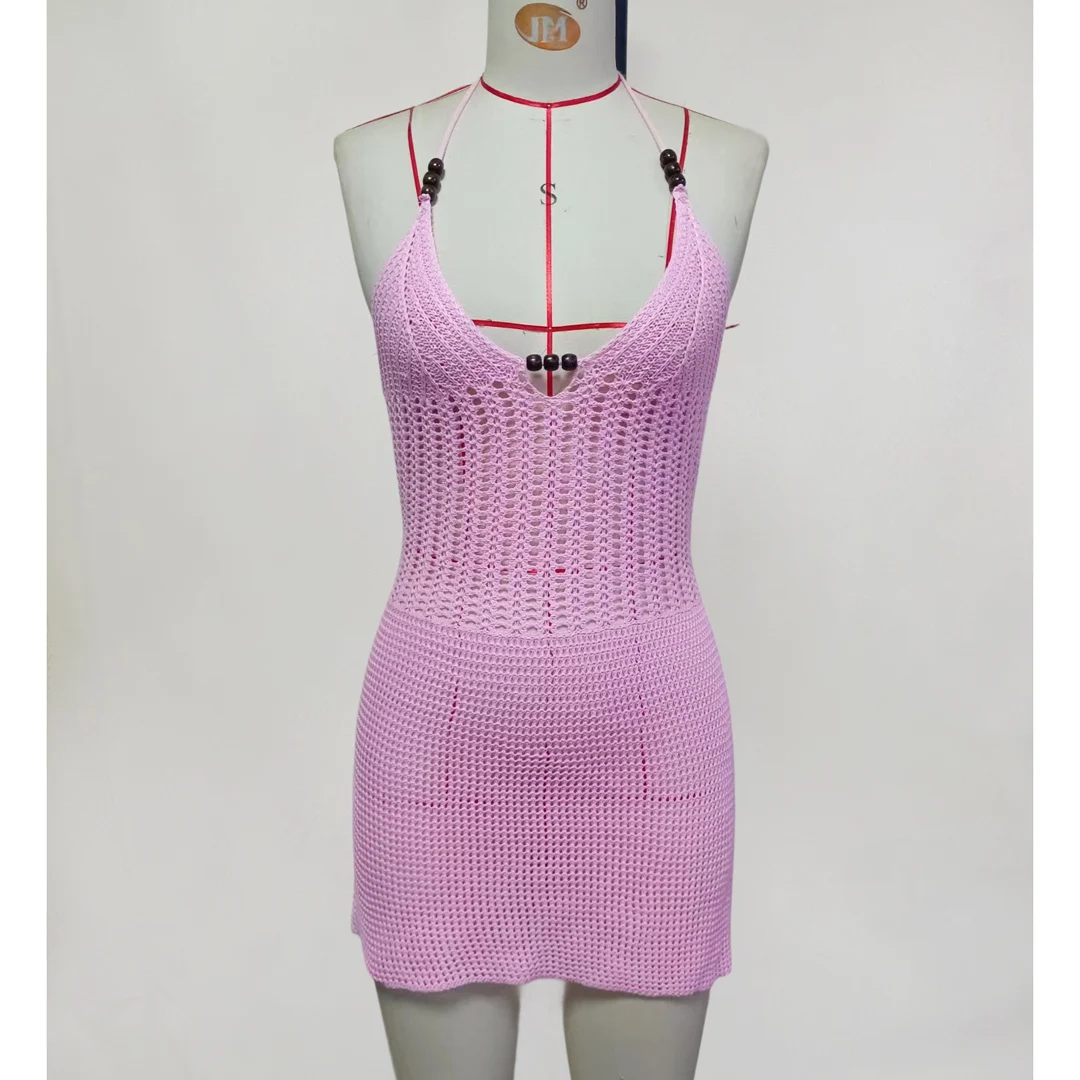 Schlankes, figurbetontes, gehäkeltes, gestricktes Strandkleid für Damen, Neckholder-Minikleid, Sommerkleid mit Ausschnitten, V-Ausschnitt, rückenfrei, sexy Partykleid V6210 – Detail 38