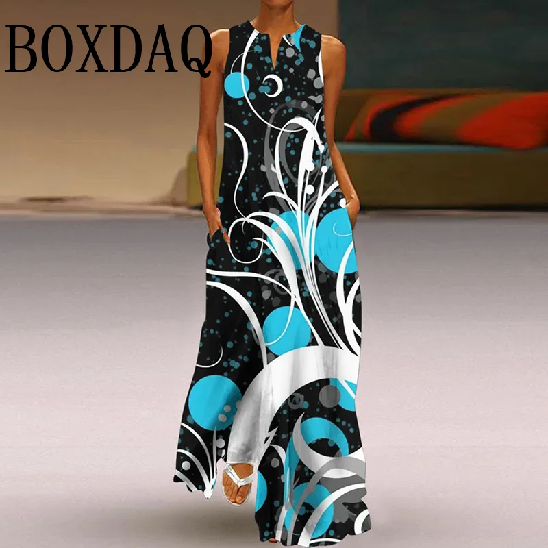 Flor impressão verão vestido longo feminino elegante robe festa sem mangas maxi solto casual vestido de verão vintage y2k vestidos para mujer