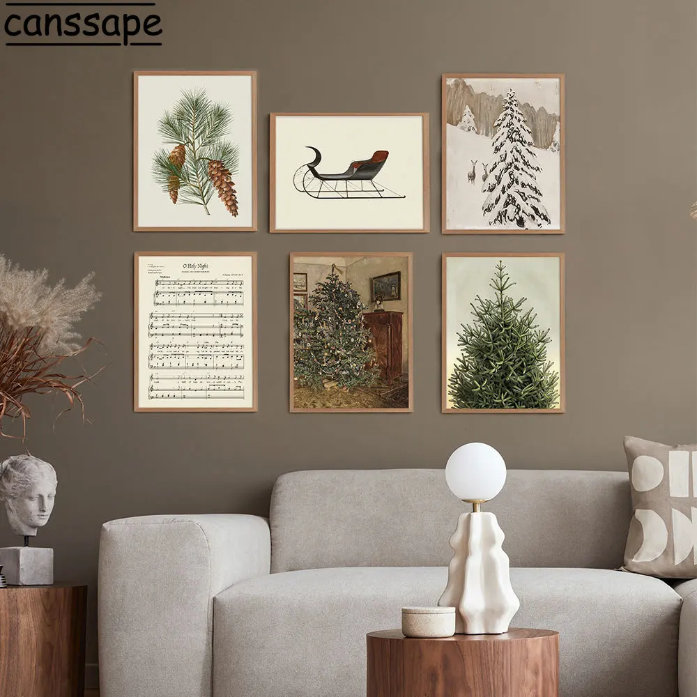 Christmas Trees Wall Art Vintage Winter Landscape Canvas Painting Moose sledges Print Poster Pictures Living Room Decoration