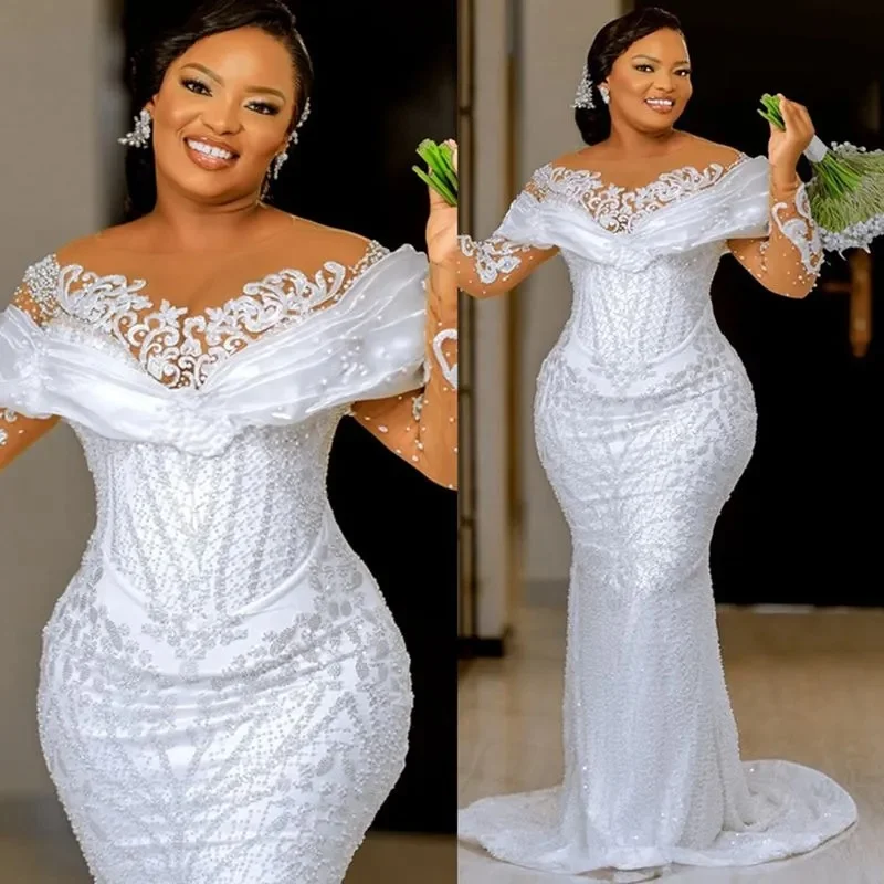 

Customize Plus Size Mermaid Wedding Dress Bridal Gowns Illusion Sheer Neck Long Sleeves Lace Tulle Crystal Bridal Gowns