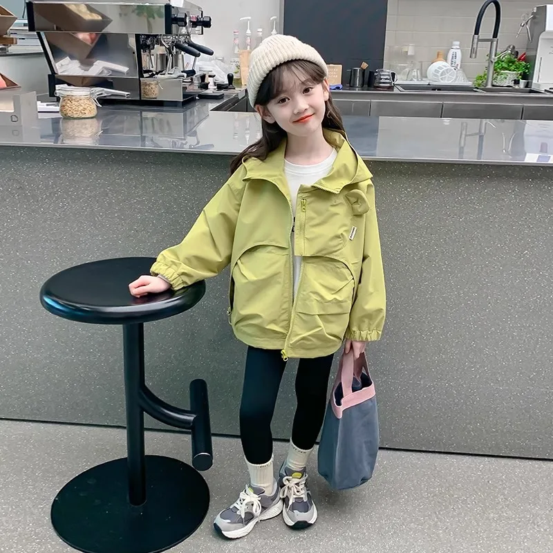 Spring Autumn New Girls Interchange Jacket Solid Color Hooded Zipper Coat For 4-12 Years Teen Girls Casual Outdoor Clothing