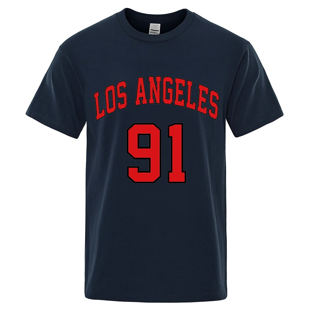 Los Angeles 91 Team Uniform Letter Printed USA City T-Shirts Men Summer Loose Short Sleeve Cotton Breathable Oversized T Shirt