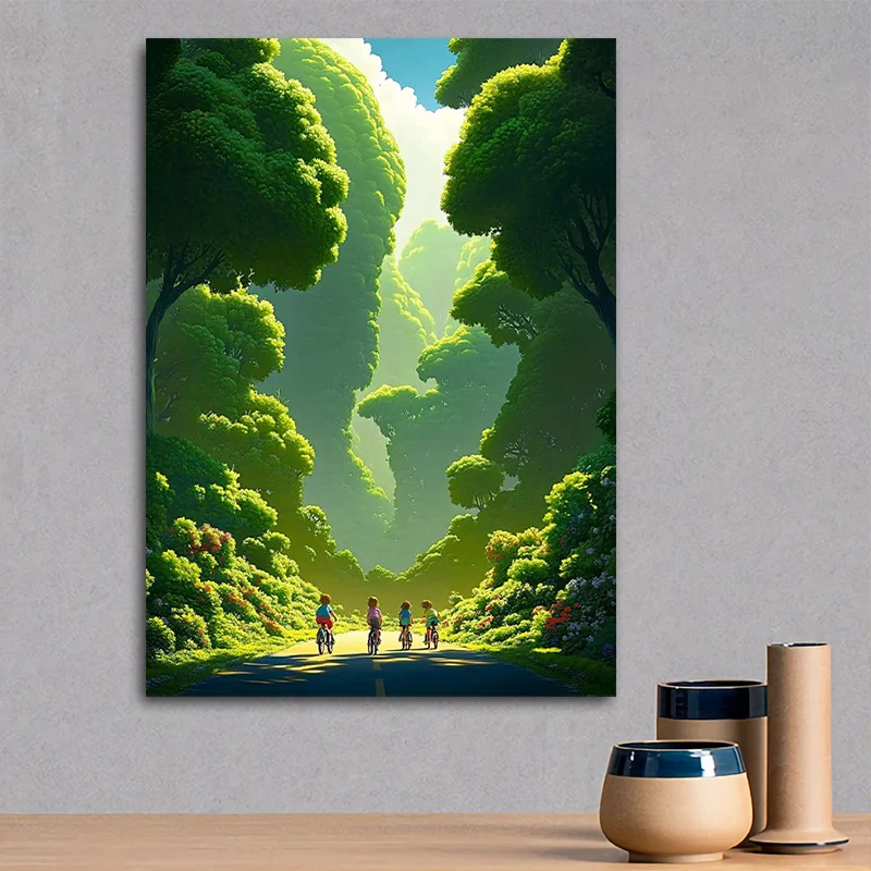 [2D Flat] 4 Children Riding Bicycles in Enchanted Forest Wall Art- Vibrant Canvas Print with Sunlit Tree Canopy, Frameless, Perf