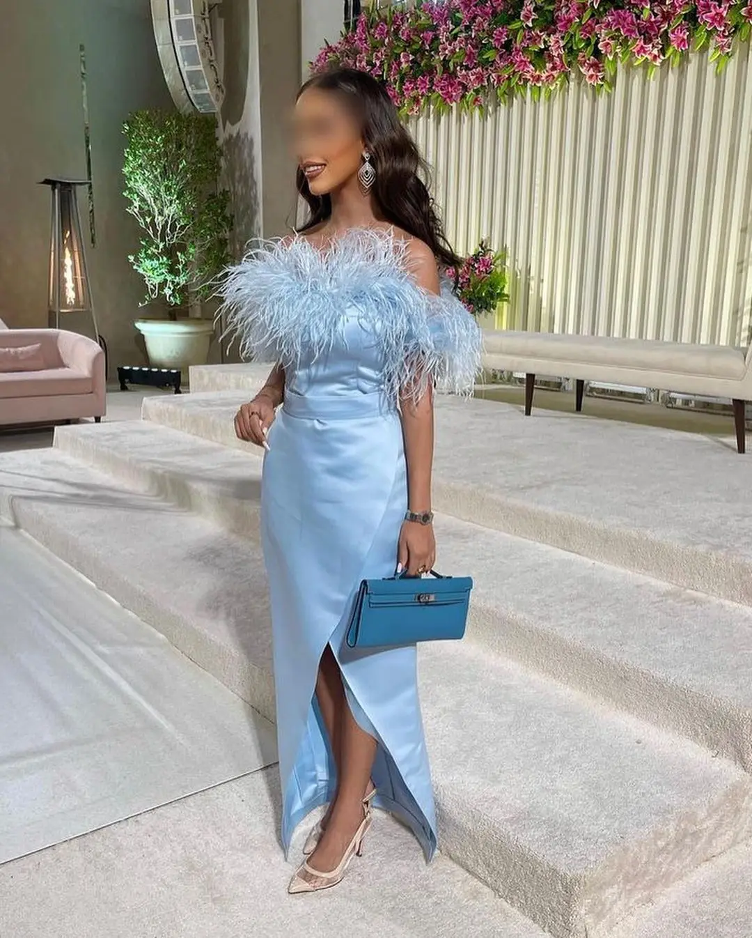 Sky Blue Satin Long Prom Dresses Sheath Feathers Saudi Arabic Split Ankle Length Party Gowns