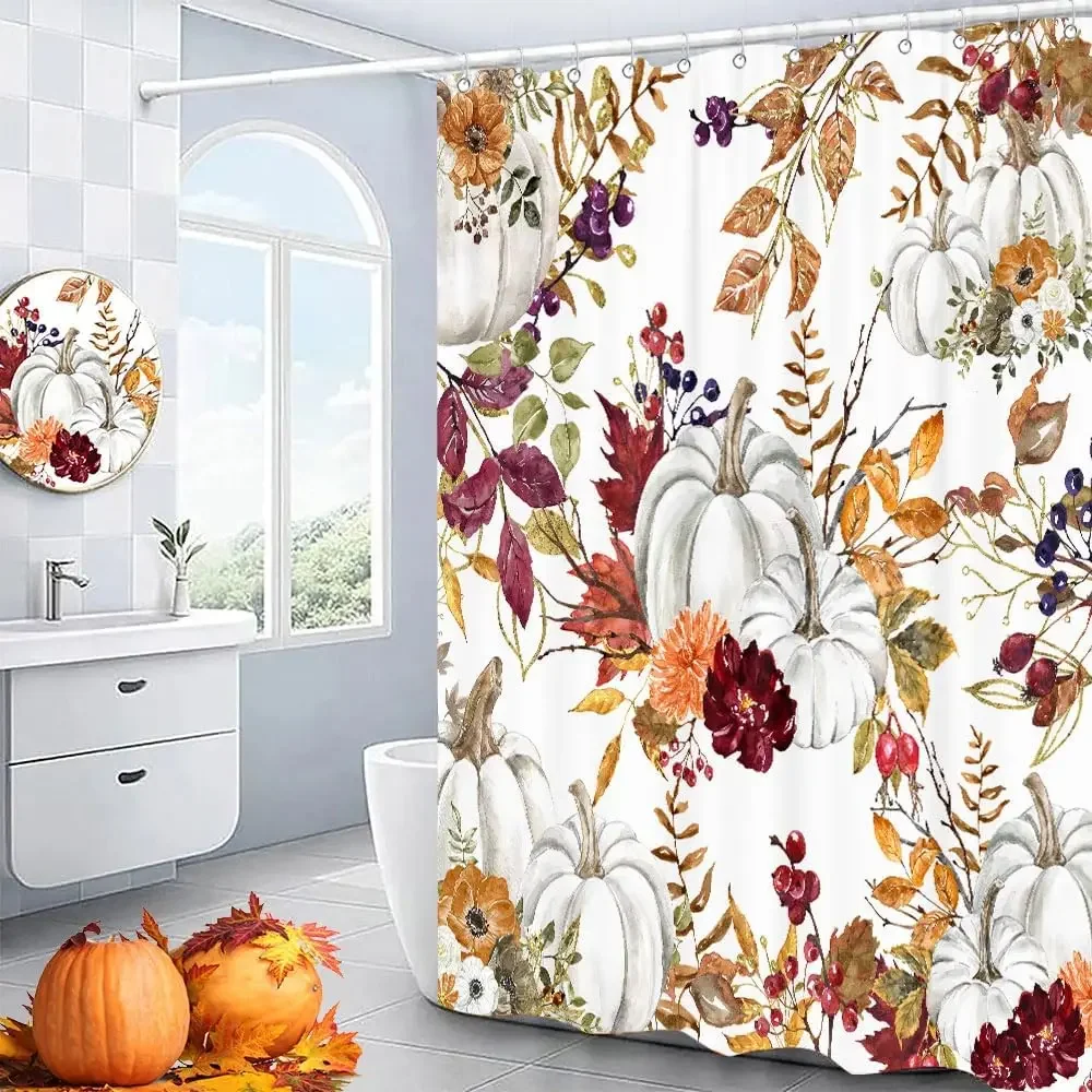 Fall Boho Shower Curtain Rustic Autumn Harvest Pumpkins Leaves Floral Shower Curtain Farmhouse Fall Thanksgiving Shower Curtains