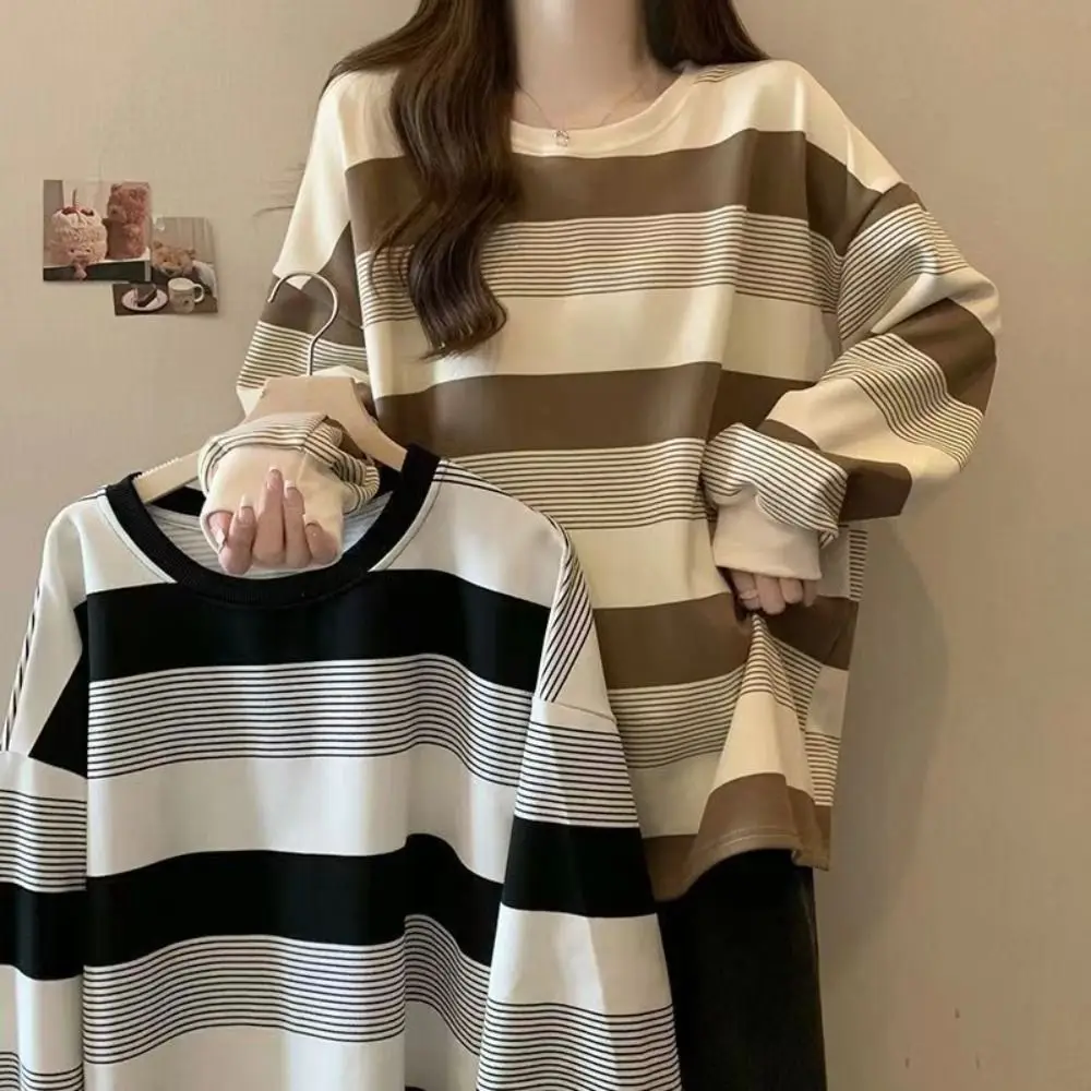 

Simple Retro Long Sleeve T Shirt Loose Chic Striped Blouse Stylish Plus Size Sweatshirts for Women Female
