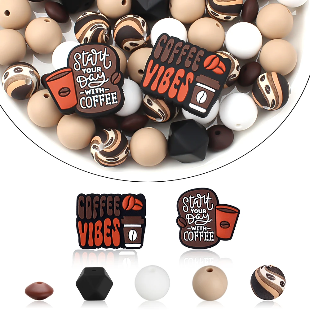 30Pcs/Set Coffee Silicone Beads Printed Round Focal Loose Beads DIY Crafts Keychain Pens Handmade Gifts For Jewelry Making