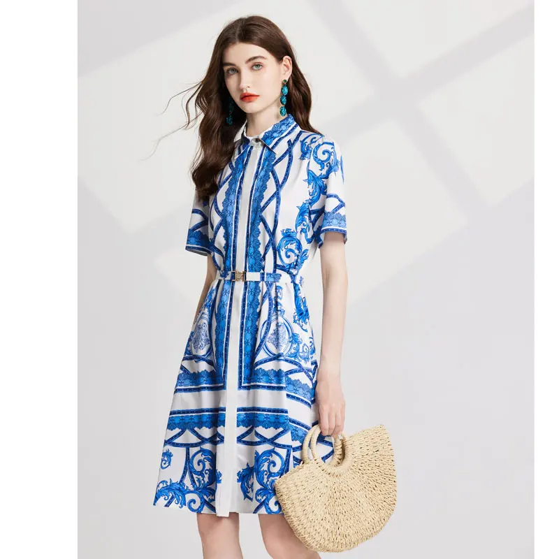 Vestido com estampa de passarela feminino, manga curta, peito único, cinto com renda, vintage, casual, feriado, moda verão