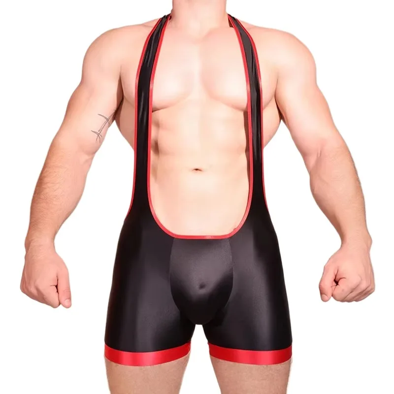 

Sexy Oil Glossy Shiny Bodysuit Men's One Pieces Jumpsuit Gays Tights Exotic Lingerie Jockstrap Leotard Sissy Tank Tops Nightwear