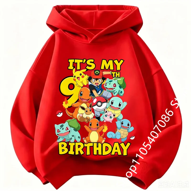 2026 Autumn and winter Pikachu Kids Pure hoodie  Unisex Boys Girls 4-14Y Casual Birthday 1-9 number Top
