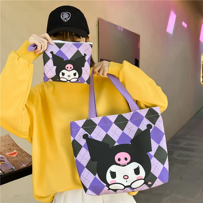 Sanrio hello kitty Shoulder Bag Zipper Canvas Tote Bag Cinnamoroll Female Student Handbag Cartoon Kuromi Coin Purse Cosmetic Bag