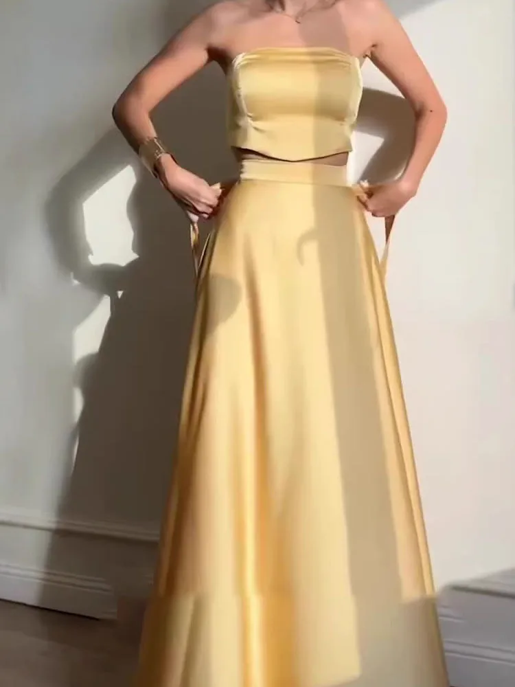 

Elegant Strapless Crop Top & Long Skirt Set Women Sexy Sleeveless Solid Color 2Pc Outfits Fashion Hight Waist Half Skirt Suits