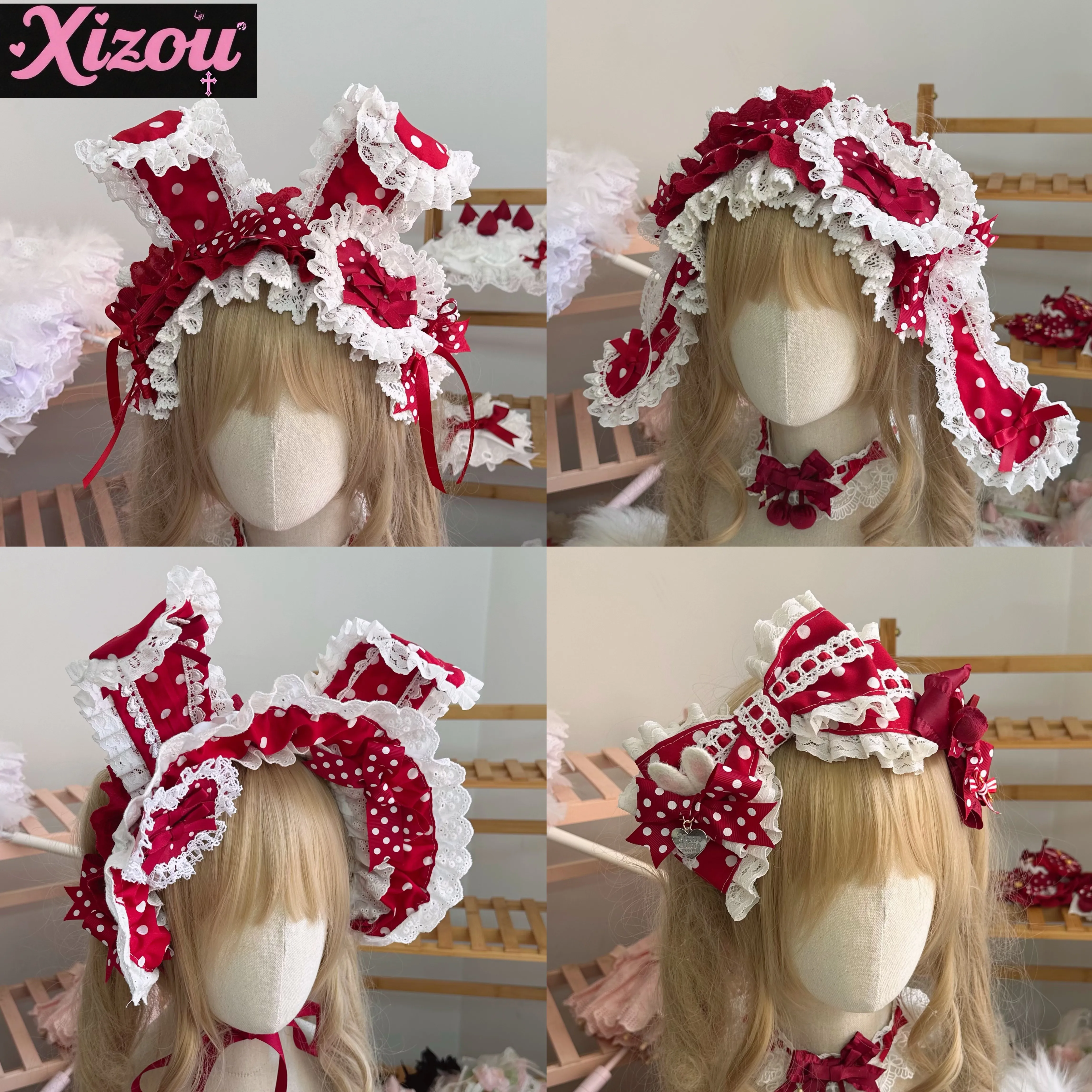 

Японская оригинальная ручная работа, милая Лолита, милая девушка в форме сердца, красная повязка на голову в горошек, повязка на голову с бантом и кроликом, маленький предмет ручной работы