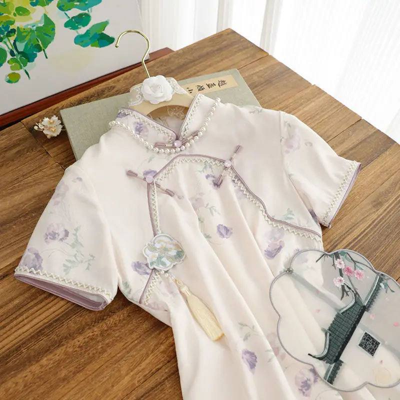 

New Chinese Style Purple Cheongsam Women Short Sleeve Traditional Vintage Dress Show Costumes Slim Summer Qipao S To XXL S2559
