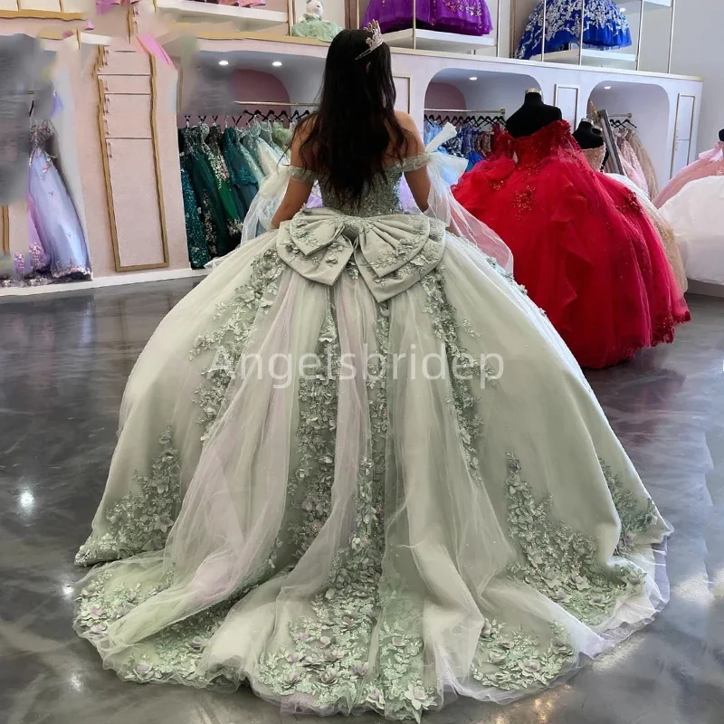 Customized Sparkling Sage Green Lace Up Ball Gown Quinceanera Dresses Appliques Mexico Brithday Party Vestidos De 15 Quinceañera