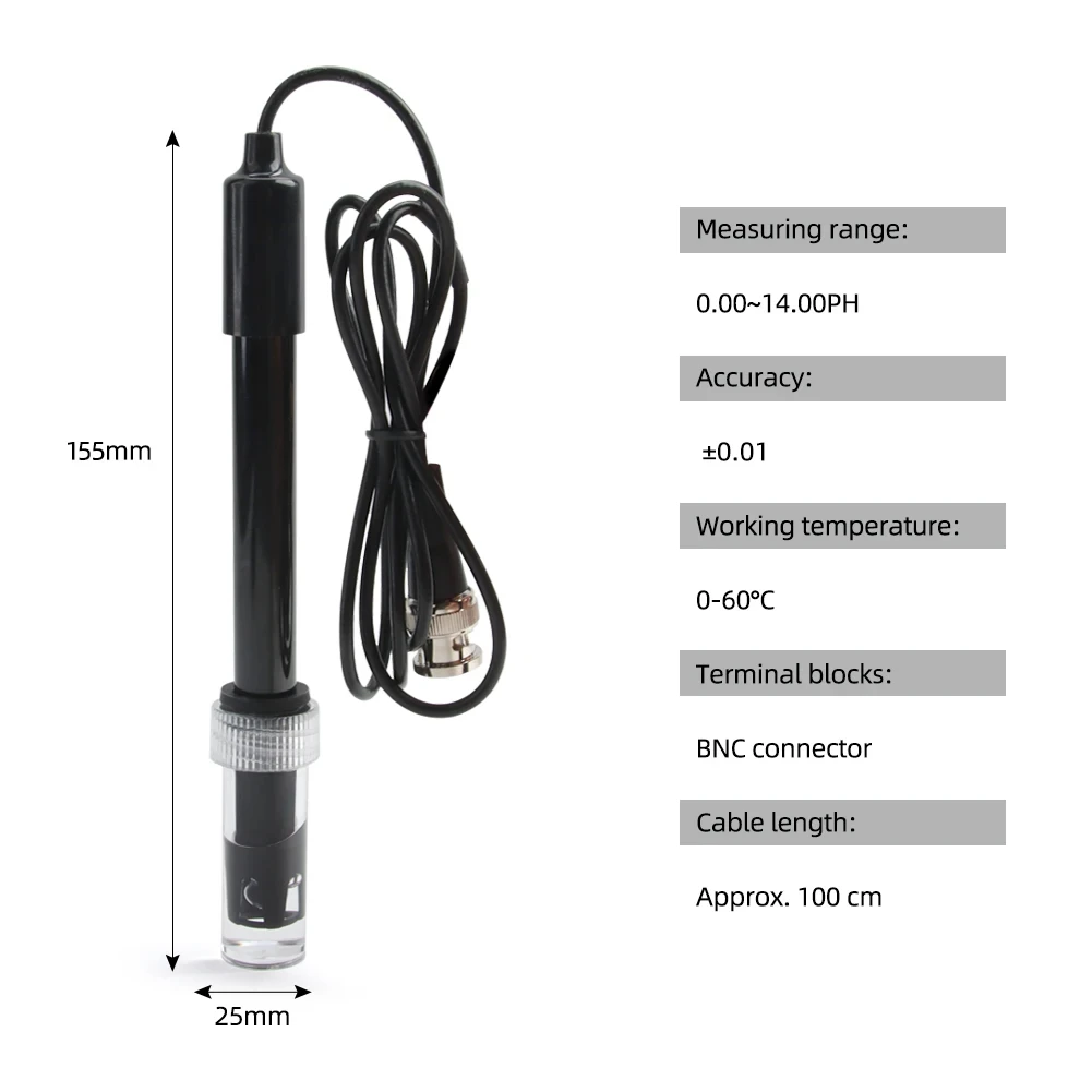 Ph Replacement Probe Electrode Probe PH Meter Potential Test BNC Q9 Connector 0.75/1.12/3M Wire For Aquarium Hydroponic Laborato