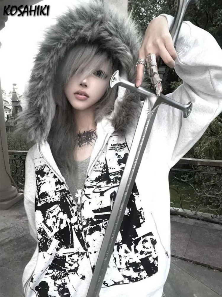 

Harajuku меховые лоскутные толстовки с капюшоном для мужчин и женщин Y2k эстетические свободные карманные уличные толстовки с капюшоном в стиле гранж на молнии повседневные толстовки