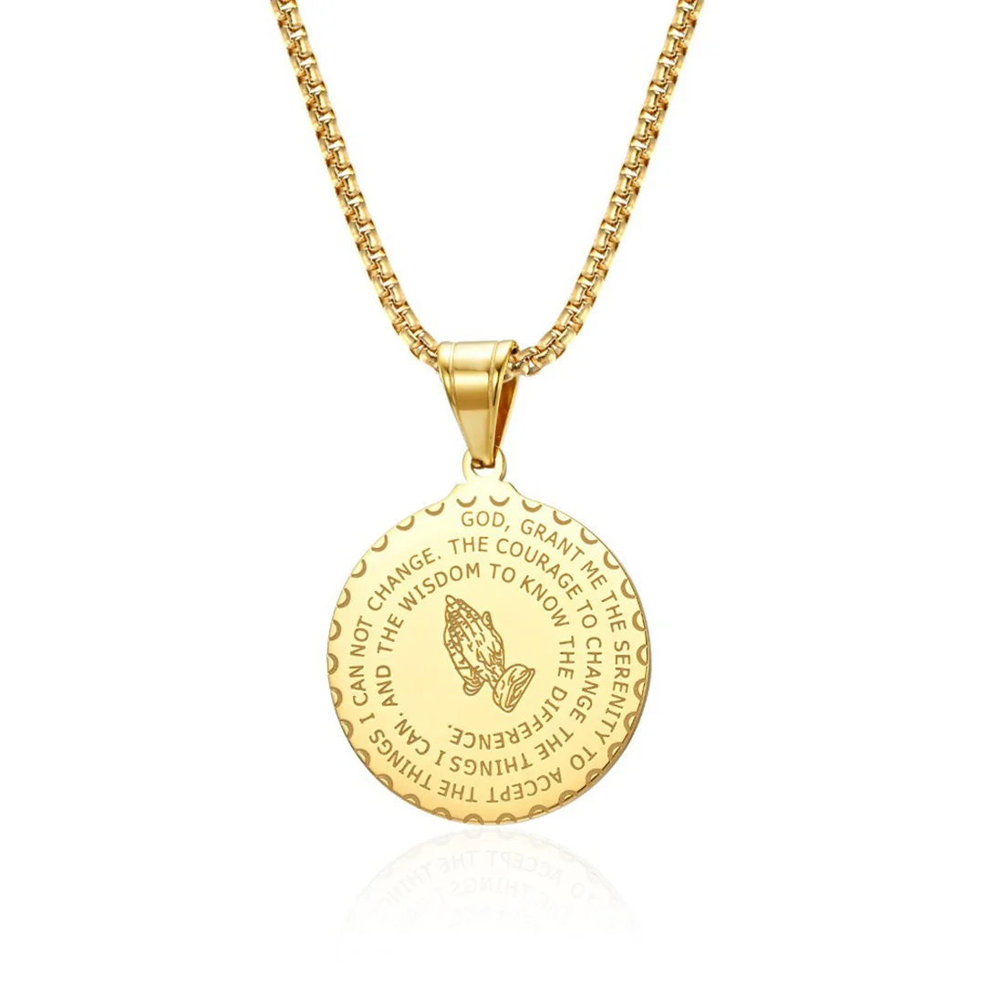 Religious Bible Christ Praying Hands Pendant Gold Color Stainless Steel Christian Faith Round Necklace for Woman Men Jewelry