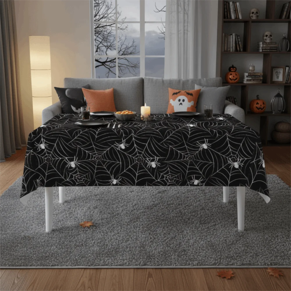 Plastic Halloween Disposable Spider Web Tablecloth Waterproof Stain-resistant Cobweb Party Tablecloth Thickened Rectangular