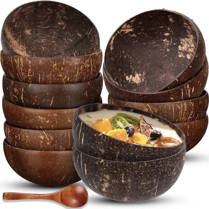 Cuencos de coco naturales, cuenco de cáscara de coco de madera reutilizable, juego de vajilla de cocina para servir platos, ensalada, avena, cuencos de yogur