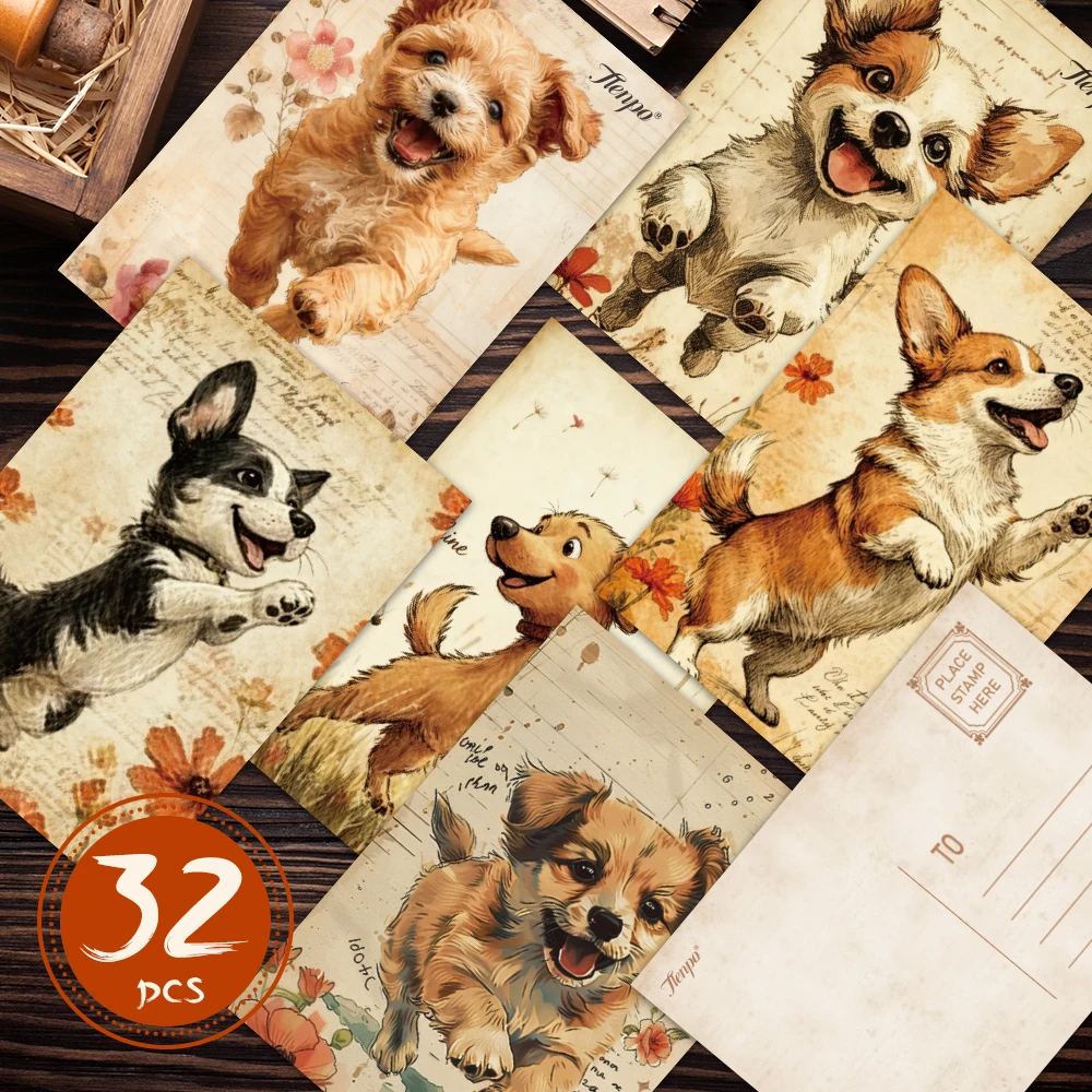32 Stück Retro-Postkartenserie mit niedlichem Hund, Grußkarten zum Thema Herbst, Wandaufkleber, Schlafzimmerdekoration, Vintage-Postkarten