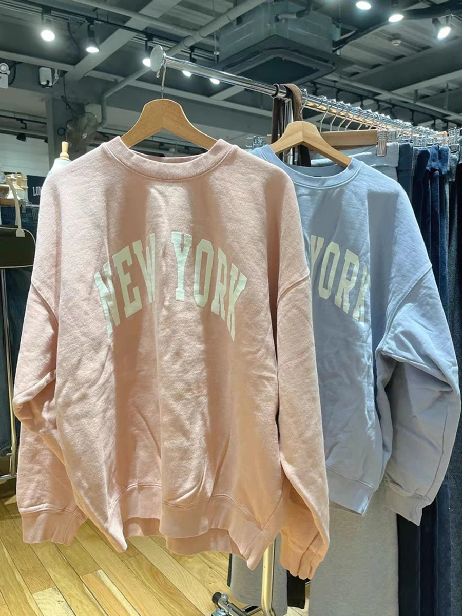 Letter Print Pink Loose Sweatshirt Woman Autumn O-neck Cotton Long Sleeve Pull Hoodie Sweet Cute Preppy Style Oversized Top Y2k