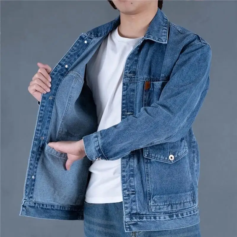 Wear-Resistant Denim Jacket for Men Workwear Spring Autumn Large Size Welder Jacket Durable Dirt-Resistant Outerwear