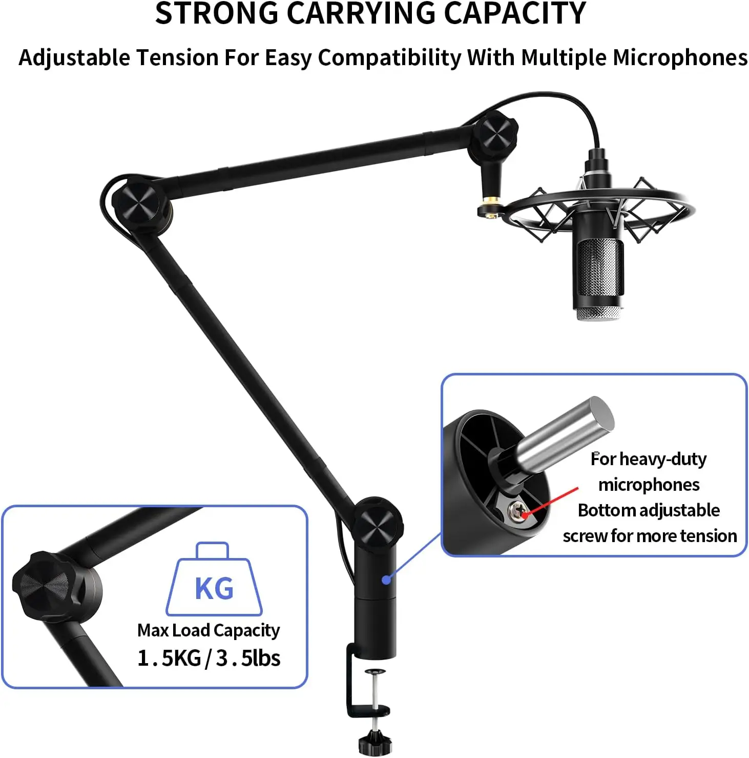 Microphone Boom Arm, Sturdy Stable Adjustable 360° Mike Arm Mic Boom Arm Stand for YouTube Broadcasting Equipment