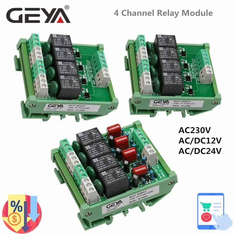 GEYA 4-kanałowy moduł przekaźnika 1 SPDT do montażu na szynie DIN 5 V 12 V 24 V DC/AC Moduł przekaźnika interfejsu do PLC 230 V