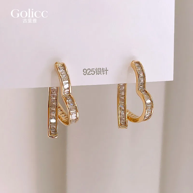 Gold love zircon earrings women's niche unique light luxury high-end temperament earrings 2024 new popular earrings