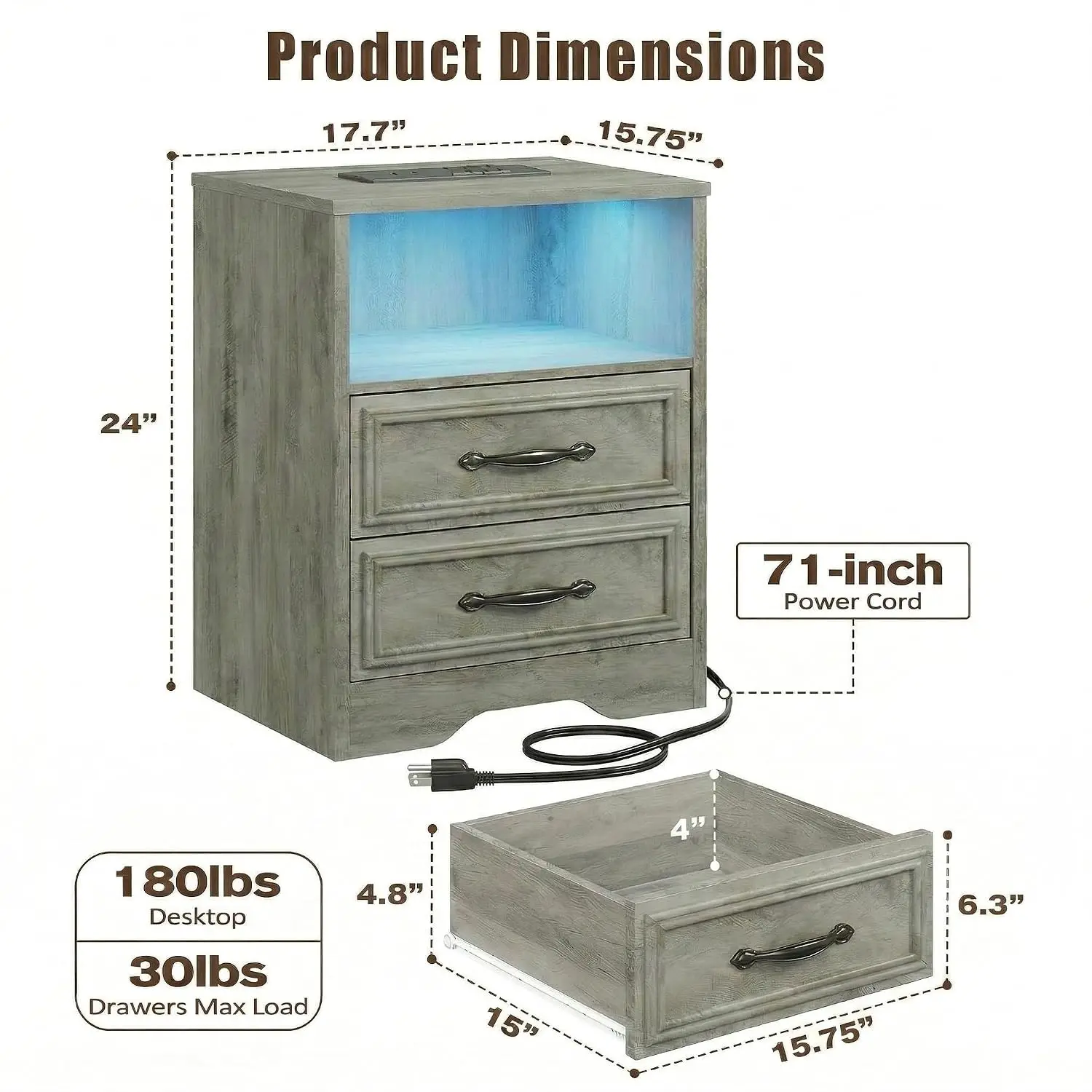 Nightstand with Charger & Lights 2 Drawers 17.7