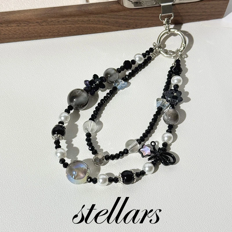 

Black Y2K Sweet-Cool Style Phone Chain Iridescent Double-Layer Pendant Camera Accessory Trendy Cellular Device Holder