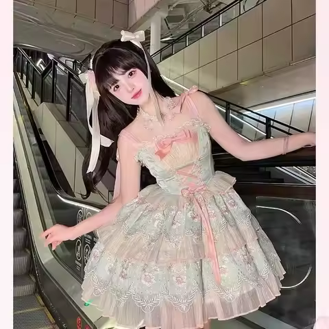 French Lolita Strap Dress Lace Patchwork Evening Party Dress Outfit Y2K Vintage Elegant Girls Kawaii Dress Women Clothing 2026
