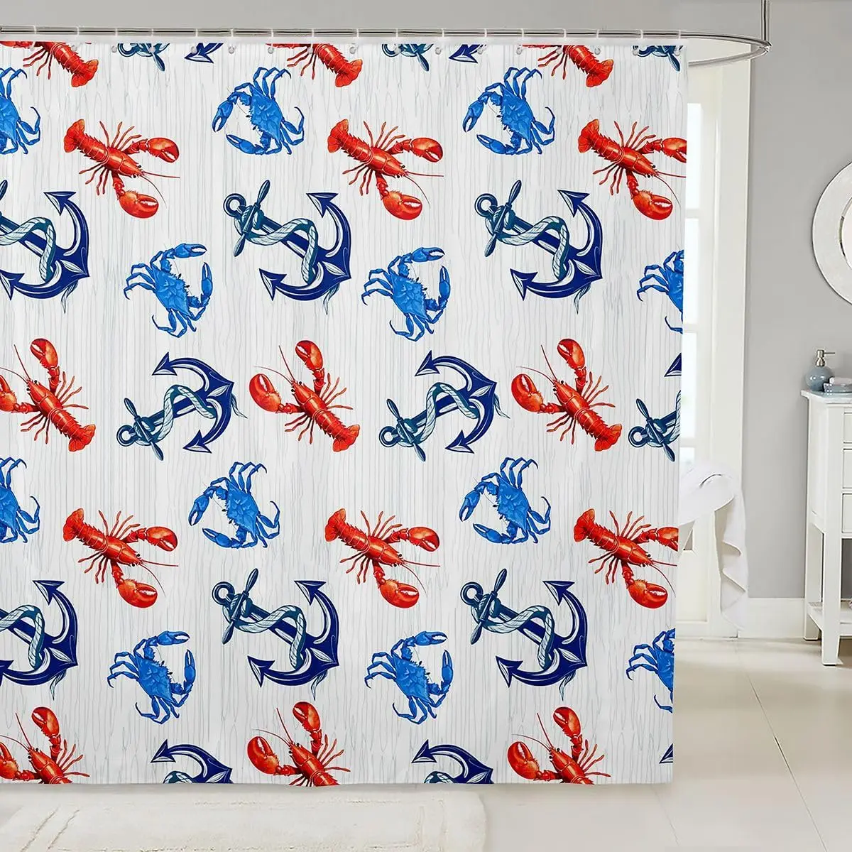 

Nautical Lobster Anchor Pattern Waterproof Shower Curtain 180x180cm - Funny Marine Theme Fabric Bath Curtain for Kids & Adults