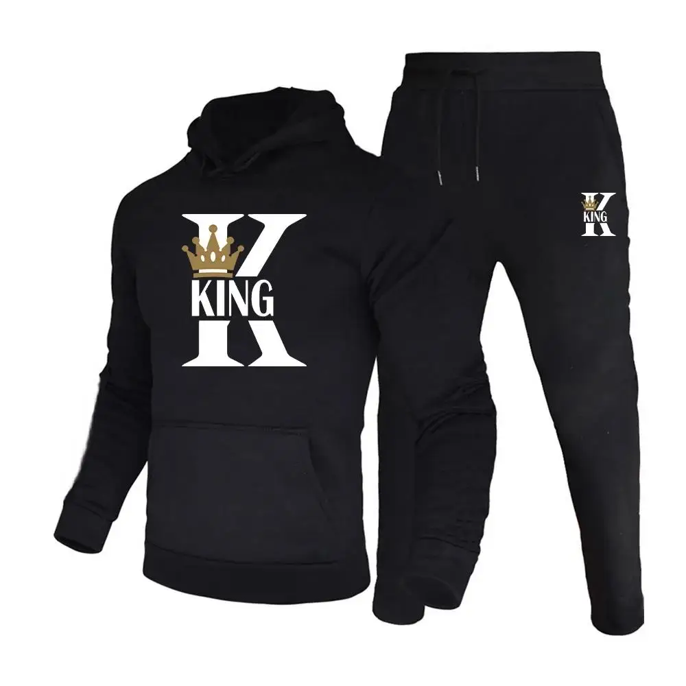 KING Printed Hoodies Suit Men\'s Casual Sweatershirts Pants Set Fashion Fleece Autumn Winter Jogging Pullover Sweatpants Clothing