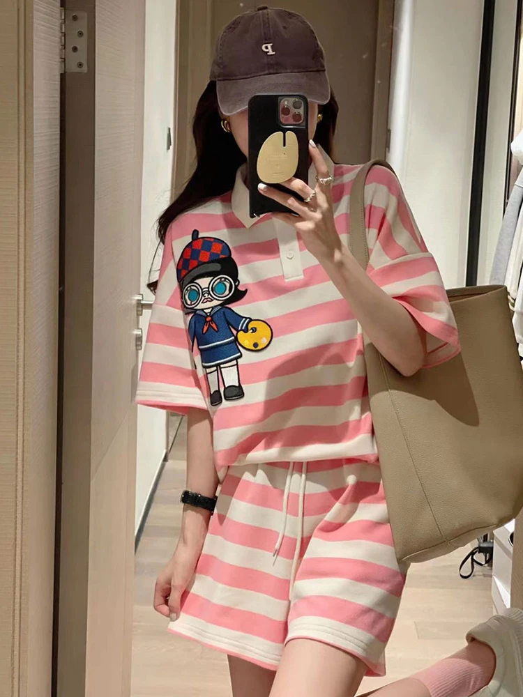 Striped Two Piece Shorts Sets For Women 2024 Summer New Pink Cartoon Loose Tops Street Casual Tracksuit T-shirts Suit M-3XL