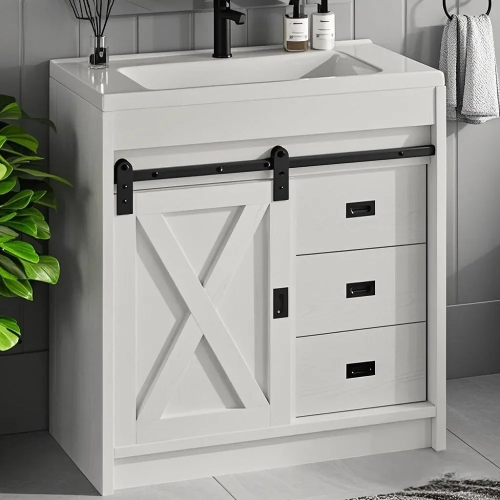 

Farmhouse Bathroom Vanity with Sink, Bathroom Vanity Cabinet with 2 Drawers & Sliding Barn Door,