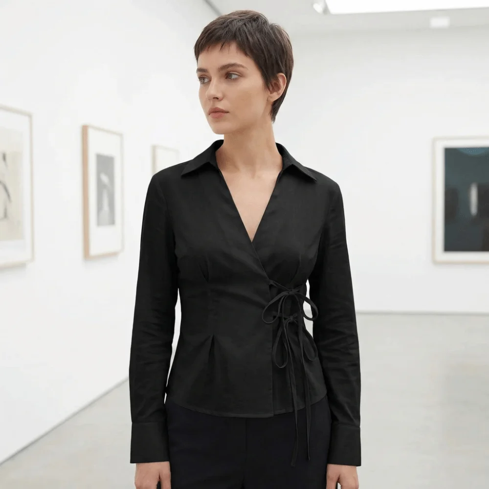 

Рубашка с длинным рукавом в уличном стиле, приталенная, с V-образным вырезом, Y2K, женская, с завязками на талии, в стиле Харадзюку, офисная эстетичная блузка для вечеринок