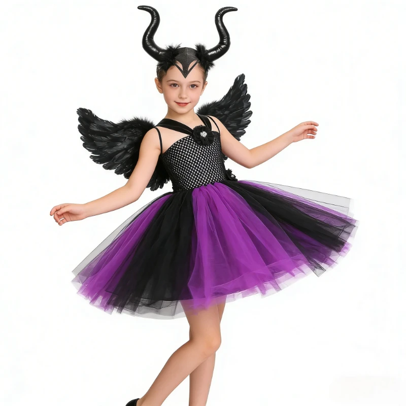 

Halloween Witch Long Costumes for Girls Devil Queen Outfits with Horns Wings for Kids Carnival Party Full Length Fancy Dress
