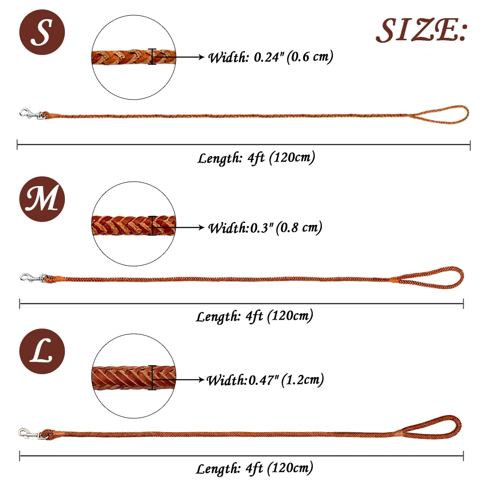 4ft Genuine Leather Dog Leash Soft Real Leather Pet Leash Rolled Braided Dogs Pet Lead for Puppy Small Dogs Walking Brown